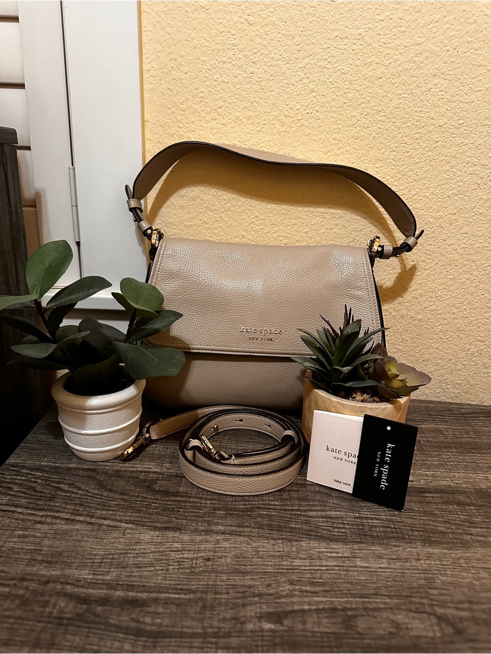 kate spade taupe pebbled leather shoulder bag with gold hardware